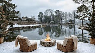 Rustic Winter Ambience Escape: Lakeside Crackling Fire, Falling Snow, and Cozy Comfort For Relaxing