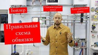 Газовый, электрические котел и бойлер. Схема обвязки.