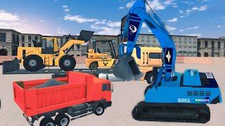 Log Handler sinks in City Area- Crane, Cement Mixer rescue and build lake | 3D Construction Vehicles