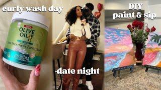 VALENTINES DAY GRWM + VLOG: Curly Hair Wash Day, DIY Paint & Sip, Date Night