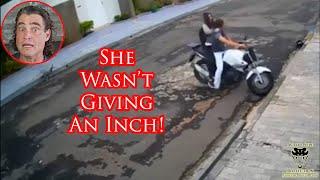 Female Defender Eats Moto Jacker's Lunch