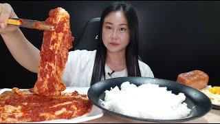 실비김치 먹방:) 오랜만에 밥이랑 실비김치 통스팸 계란후라이 야무지게 먹방 spicy kimchi mukbang