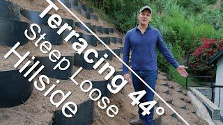 Terracing Extremely Steep Hillside Slope with Loose Eroding Soil to Create Stable Hill for Planting