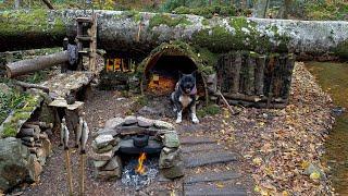 30 Days SOLO SURVIVAL CAMPING In RAIN; Catch and Cook, FISHING. BUSHCRAFT Shelters UNDER FALLEN TREE