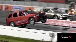 Fastest NA SRT 8 Jeep Cherokee vs Big Block Camaro  - Wheelstand - Drag Race Video -- Road Test TV®