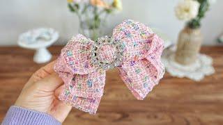 aileenribbon diy ribbonbow craft에일린리본diy패키지408트위드원단 리본으로 왕리본 만들기 클립핀 포니테일리본만들기hairacc tutorial蝴蝶结手工艺