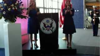 Tara Cummins and Christa Hobo sing the U.S. National Anthem