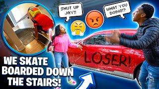 MAGIC BUSTED THE WINDOWS OUT JAY CAR & WE SKATE BOARDED DOWN THE STAIRS!