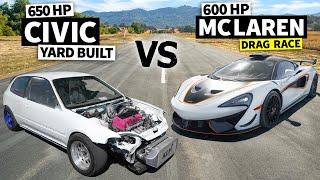 K-Swapped EG vs Races McLaren 620R in No Prep Drag Racing!