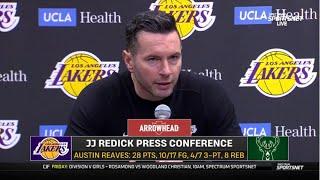 Postgame Interview | JJ Redick gets honest Lakers missed LeBron & Luka Doncic’s monster performance