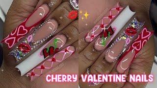 CHERRY VALENTINE NAIL FREESTYLE  | HOW TO BLING FRENCH  FULL ACRYLIC NAIL TUTORIAL 