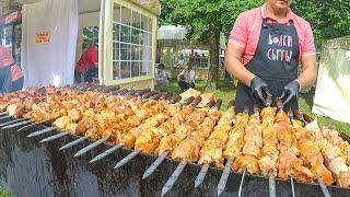 Russian Street Food. Huge Swords Skewers of Meat, Sausages and more