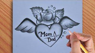 New idea of mom dad in flying heart with a beautiful  drawing with pencil