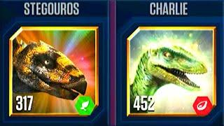 BATTLE STAGE CHARLIE VS STEGOUROS VS BAGEHESAURUS | JURASSIC WORLD THE GAME