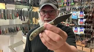 The “Bird n Trout” with white/green burlap Micarta. Kydex pocket carry sheath.
