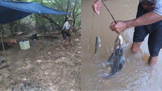 Depois do susto na beirada do acampamento, montamos um esquema de pesca infalível