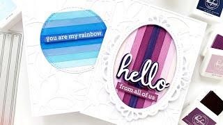 Rainbow cards using Color Block Stripes and Pinkfresh Studio premium dye inks with Anett