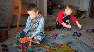 Brothers Playing with Picasso Magnetic Tiles & Marble Run Set