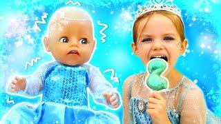 Maya gets ready for the Elsa's princess party. Baby Annabell doll videos & princess dress for dolls.