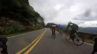 Skyline drive descent, bicycle maneuver around bus