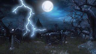 Creepy Graveyard Halloween Ambience - Thunder & Rain Sounds - Haunted - 3 Hours Spooky ASMR Cemetery