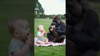 Gorilla and baby have a picnic together.#gorilla #baby#shorts#cute#funny#love#animals