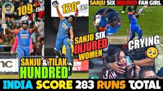 India Score 283 Total  Sanju 109 and Tilak 120  Sanju Six Injured Fan Girl  IND vs SA 4th T20i