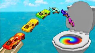 Mega Rainbow Lightning McQueen Jump in Toilet Vs Huge & Tiny PIXAR CARS! BeamNG.Drive Compilation