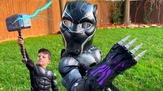 HOW to BECOME BLACK PANTHER SUPERHERO!  Caleb PRETEND PLAY THOR, SPIDERMAN SUPERHERO FUN with MOM!