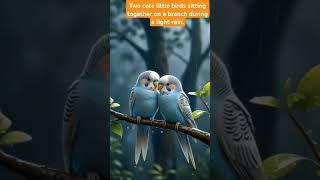 Two cute little birds sitting together on a branch during a light rain.#ai #birds #rain#twobirds