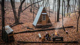 COZY WINTER NIGHT at a Tiny Cabin in the Woods | Campfire Cooking