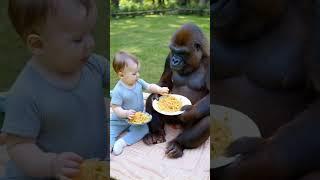 Baby and gorilla share food. #baby #funny #cute #animals #gorilla