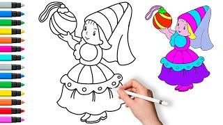 How to draw a girl with a ball | Painting and Coloring for Kids & Toddlers