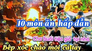 Món ngon đãi tiệc 80 khách khai vị 4 món bò sốt tiêu đen,cơm chiên hải sản, cá hấp gà tiềm trái dừa