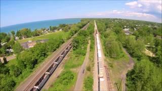 New York Central heritage unit #1066 at Silver Creek, N Y , 350 QX3 drone video