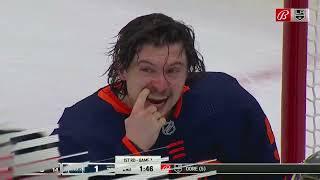 Jonathan Quick cuts off the pass of Connor McDavid to Kailer Yamamoto.