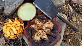 Cooking Whole Chicken on Rock - Primitive Cooking: Pollo de la Brassa con Aji Verde