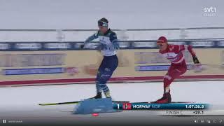 Alexander Bolshunov gets rage and strikes down Joni Mäki from Finland.  Russia VS Finland X-country