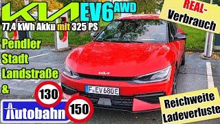 Real-Verbrauch Kia EV6 77,4 kWh AWD (325 PS) GT-line - Reichweite - Pendler Stadt Land Autobahn WLTP