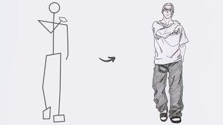 How to draw Taro Sakamoto full body out of stickman | Easy step-by-step