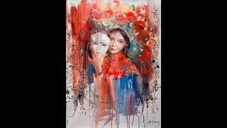 The painting process of drama characters with acrylic paint on canvas frame in traditional Chinese