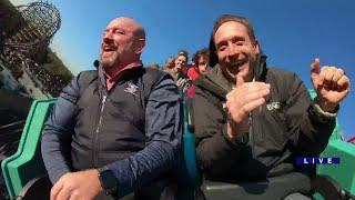 Marcus Leshock and Paul Konrad ride roller coaster at Busch Gardens LIVE!