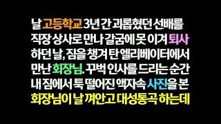 감동사연 고등학교 선배를 직장 상사로 만나 시달리다 퇴사하던 날  엘리베이터에서 만난 회장님께 인사하다 떨어트린 액자 속 사진에 회장님이 오열하는데  신청사연 썰읽는 사연라디오