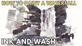 Painting a Misty Waterfall - Simple Line and Wash Watercolor Tutorial