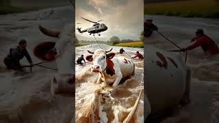 Cow swept away by huge current finally rescued #cow #animals #humanity #rescuecow