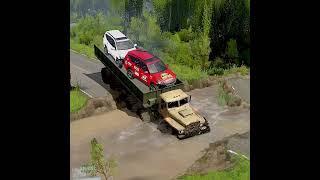 Large Transport Truck Helps Vehicles Pass Through Collapsed River