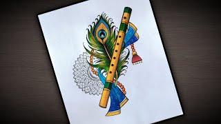 Krishna Janmashtami Drawing / Peacock Feather Flute drawing with Mandala art  @VennilaYLCreations