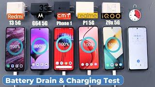 cmf phone 1 battery drain & charging test vs Redmi 13 5G/iQoo Z9x/Realme P1/Moto g64 5g