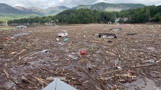 Massive amount of Hurricane Helene debris filling Lake Lure near Chimney Rock, NC