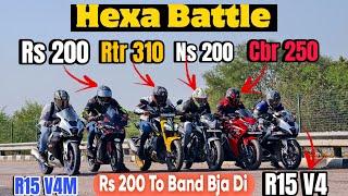 Pulsar Rs 200 Vs Yamaha R15 V4 Vs Cbr 250r Vs Pulsar Ns 200 Vs Apache Rtr 310 Drag Race  Hexa Battle